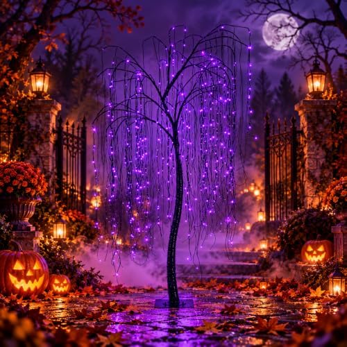 7 FT Halloween Lighted Willow Tree 256 LED Purple Lights Artificial Weeping W...