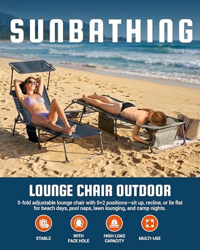 KingCamp 400LBS Lounge Chair with Face Hole & Canopy Shade, Beige 1‑Pack