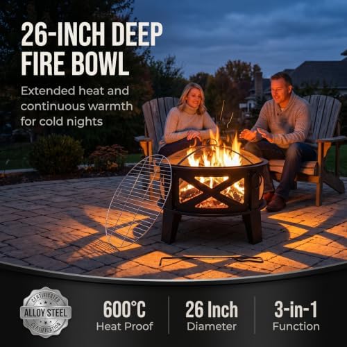 Fire Beauty 26" 2-in-1 Fire Pit with BBQ Grill, Spark Screen & Poker, Black