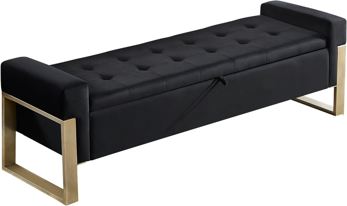 End of Bed Storage Bench, 67'' Benches for Bedroom Foot of Bed King Size, Upholstered Velvet Tufted Storage Ottoman Bench with Gold Legs for Window Living Room Entryway, Black