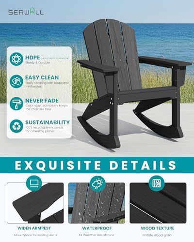 SERWALL Outdoor HDPE Adirondack Rocking Chairs, All-Weather, Black, 2PCS