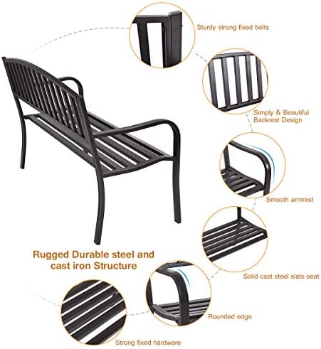 Giantex Outdoor Bench, 50” Patio Garden Bench with Steel Frame, Slat Design, 500 Lbs Weight Capacity, Patio Seating Bench for Porch, Backyard, Poolside, Outside Decor Furniture, Park Loveseat, Black