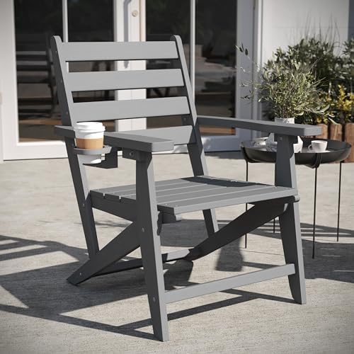 Flash Furniture HDPE Adirondack Dining Chair with Cup Holder, Gray