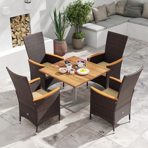 Tangkula High Back Rattan Patio Dining Chairs Set of 2, Outdoor Wicker Dinner Cushioned Chairs with Acacia Wood Armrests, Outside Bistro Chairs for Backyard, Porch, Balcony