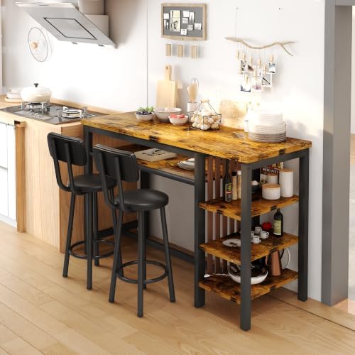 DKLGG 3-Piece Bar Table and Chairs Set, Counter Height Dining Table Set with Storage & 2 Upholstered Stools, Hightop Kitchen Bar Table for Small Space, Pub & Bistro