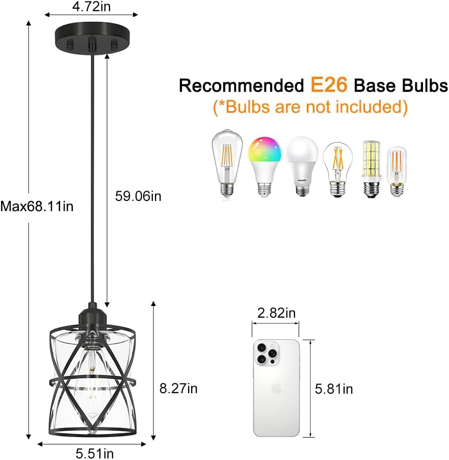 DSMJFU Black Glass Pendant Lights Kitchen Iskland Set of 2 for Bedroom Sink