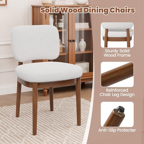 Wooden Dining Chairs Set of 6, Boucle Upholstered Kitchen Chairs with Solid Wood Legs, Mid Century Modern Dining Chairs, Farmhouse Side Chair with Hardwood Frame for Dining Room, White