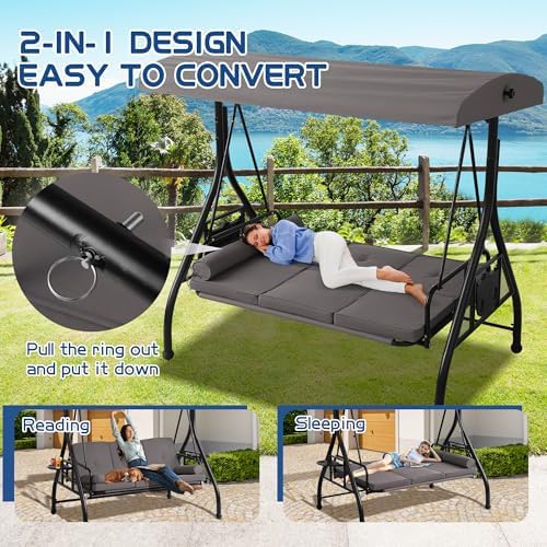 Porch Swings with Adjustable Canopy, 3 Seat Outdoor Swing Bed, Gray