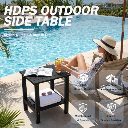 Outdoor Side Table, 2-Tier HDPS Small Patio Adirondack Table, Black