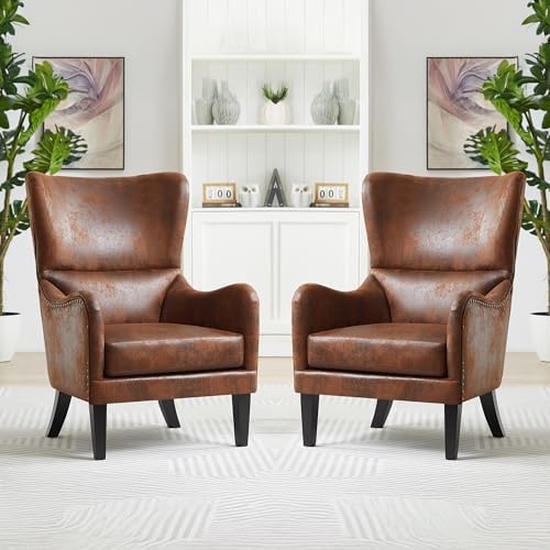 Mid-Century Modern Wingback Chairs Set of 2, Accent Club Chair with Nailhead Trim, 2 Piece Faux Leather Armchair Sofa for Living Room Single Sofa Armchair Office