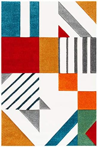 SAFAVIEH Hollywood Collection Accent Rug - 4' x 6', Ivory & Peacock Blue, Mid-Century Modern Design, Non-Shedding & Easy Care, Ideal for High Traffic Areas in Entryway, Living Room, Bedroom (HLW709B)
