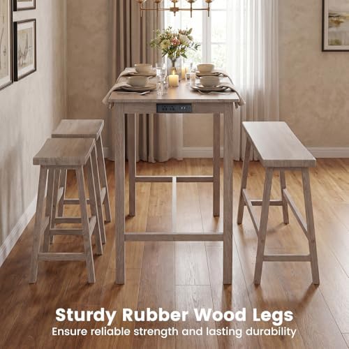 GIANTEX 4-Piece Counter Height Dining Table Set with Power Outlet, Solid Rubber Wood Kitchen Table with Saddle Backless Bench & 2 Stools, Space-Saving Bar Table Set for Breakfast Nook (Light Gray)
