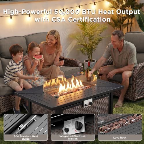 Luxury Patio Furniture Set with 42.5" Fire Pit Table, 6-Inch Thick Cushions Wicker Outdoor Furniture with Wicker Swivel Patio Chairs Set of 2, Patio Conversation Set for Deck Garden Porch, Gray