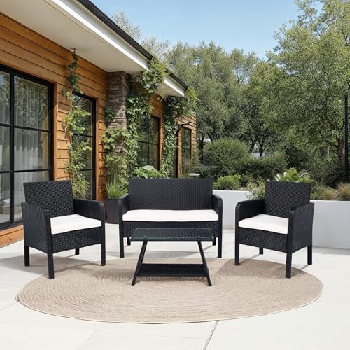 SAFAVIEH PAT7505A Collection Aboka Black and Beige 4-Piece Outdoor Living Patio Set