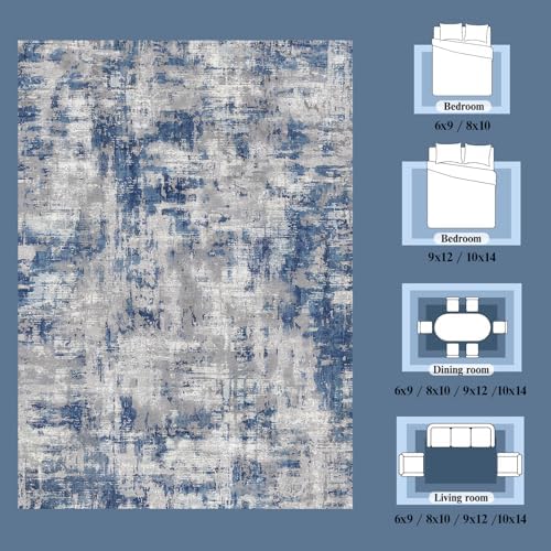 8x10 Area Rug for Living Room, Washable Modern Abstract Large Rug, Soft Low Pile Non Slip Indoor Floor Carpet for Bedroom Dining Room Home Office, Blue Grey