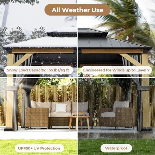 Jocoevol 10' X 12' Wood Gazebo Cedar Wooden Hardtop with Curtains & Netting