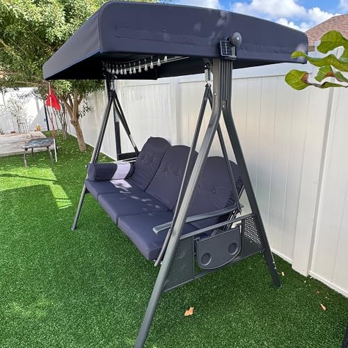 PURPLE LEAF Outdoor Swing 3-Seat with Adjustable Canopy, Navy