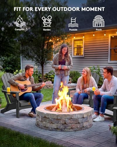 SERWALL Folding Adirondack Chair with Cup Holder Set of 2, Fire Pit - Gray