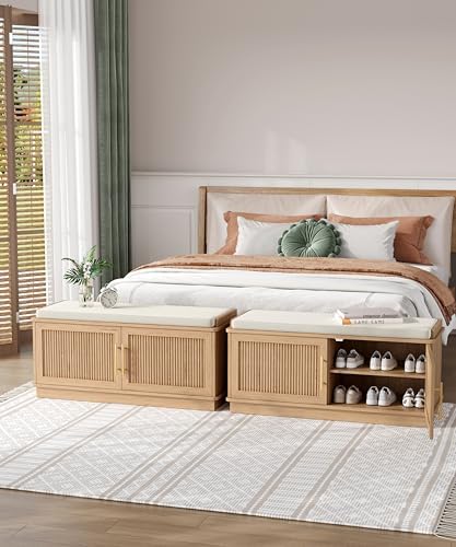 Akxomel 39.4" Fluted Shoe Storage Bench 2 Doors Wooden Entryway Bench Oak