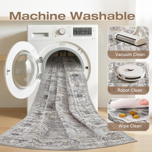 Vintage Washable 8x10 Area Rug, Non-Slip Indoor Carpet, Grey