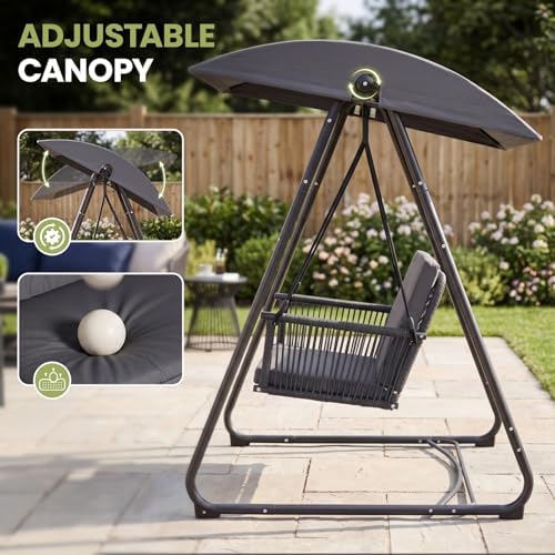 Porch Swing with Stand, Outdoor Swing with Canopy, All Weather Outdoor Swings for Adults, 400lbs Heavy Duty Porch Swings with Removable Cushions, Single Hanging Chair for Small Space, Grey