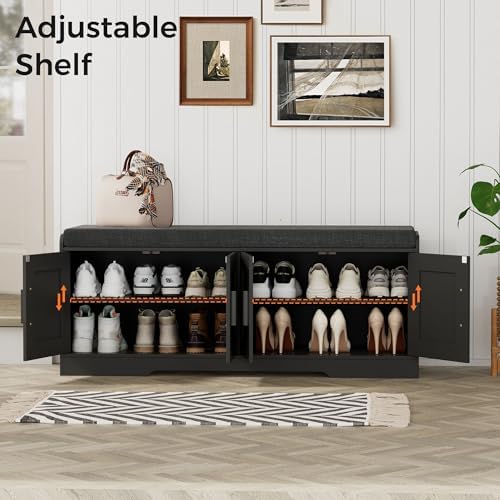 Homleke Shoe Storage Bench, 4 Doors & Thickened Padded Seat Cushion
