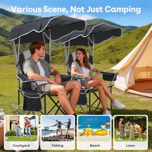 Suteck Camping Chair with Canopy Shade, Folding Outdoor Beach Chairs,Black