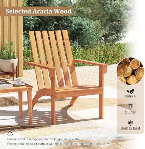 Tangkula Outdoor Adirondack Chair, Solid Acacia Wood Fire Pit Chair with Inclined Backrest, Curved Seat & Wide Armrests, Wooden Lawn Chair for Porch, Patio, Garden, Backyard, Deck (1, Natural)