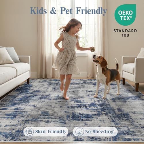8x10 Area Rug for Living Room, Washable Modern Abstract Large Rug, Soft Low Pile Non Slip Indoor Floor Carpet for Bedroom Dining Room Home Office, Blue Grey