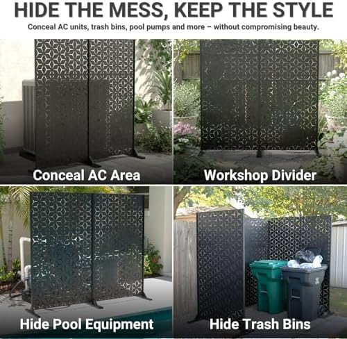 6FT Metal Privacy Screen Outdoor – Decorative Laser Cut Privacy Fence Panel for Patio, Deck & Garden, Rustproof Steel Privacy Divider, Modern Geometric Design, Freestanding Outdoor Privacy Screen