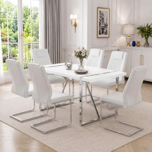 55‘’ White Dining Table Set for 6, Dining Tabletop and Silver Metal Frame, Rectangle Dining Room Table with 6 White Upholstered Dining Chairs. ModernDinner table Set for Kitchen and Dining Room.