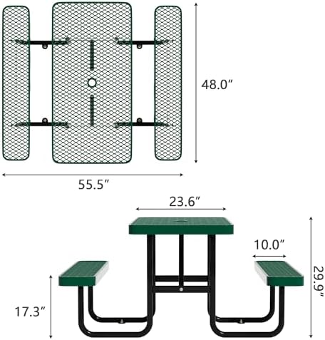 Picnic Tables for Outdoors,Commercial Metal Picnic Table Bench Set with Umbrella Hole,School Canteen Tables W/Seats - Heavy Duty Sturdy Picnic Tables Furniture for Patio Garden (Green, 4FT)