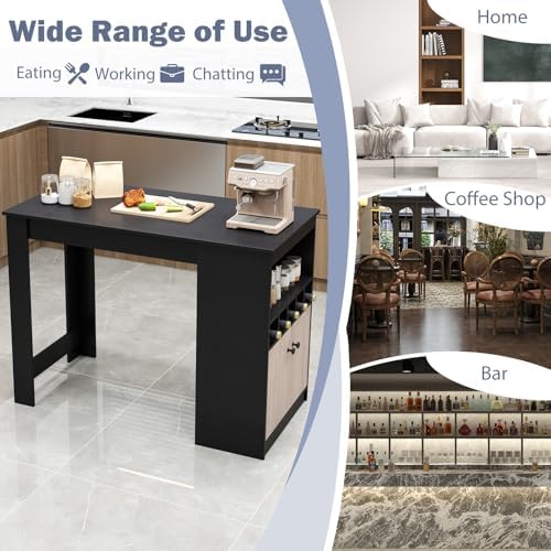 Giantex 48" Dining Table, Counter Height Bar Table with Storage Cabinet, Wine Rack, Compartment & Adjustable Shelf, Modern Bistro Tables for Home, Coffee Shop, Kitchen, Pub, Black & Gray