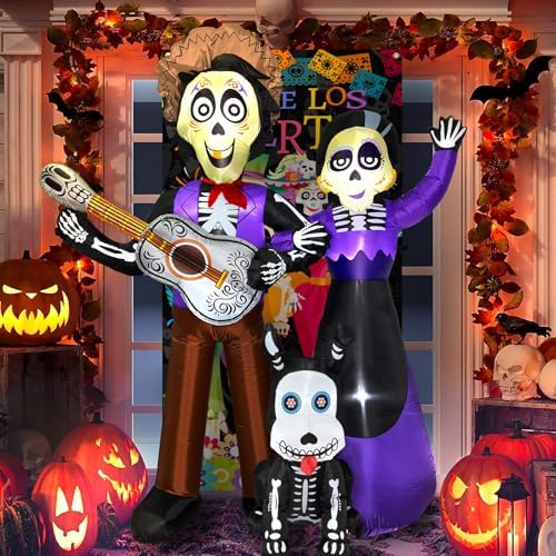6 FT Halloween Inflatables Decoration, Blow Up Yard Decorations, Day of The Dead Spooky Sugar Skull Couple Guitar and Skeleton Dog, Dia De Los Muertos Décor with Built-in LED for Outdoor