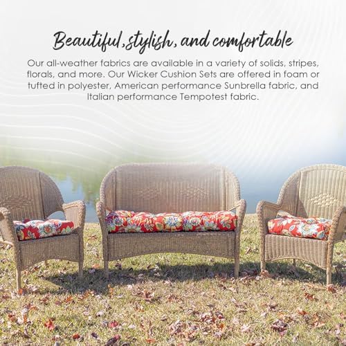 RSH DECOR 3Piece Wicker Tufted Outdoor Chair Cushions for Patio Furniture, Crestwood Marine Loveseat Cushion Set, 41” x 19” Bench & 2 Seat Cushions, Wicker Patio Furniture Cushion, Made in USA