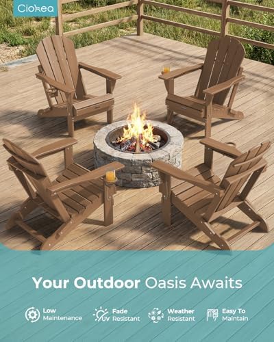 Ciokea Folding Adirondack Chairs Set of 4 with Cup Holder, HDPE, Teak