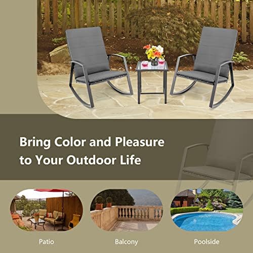 Tangkula 3 Pieces Patio Rocking Bistro Set, PE Rattan Rocking Chairs with Tempered Glass Side Table, Outdoor Wicker Conversation Set with Zippered Cushion for Patio, Garden, Poolside (Mix Gray)