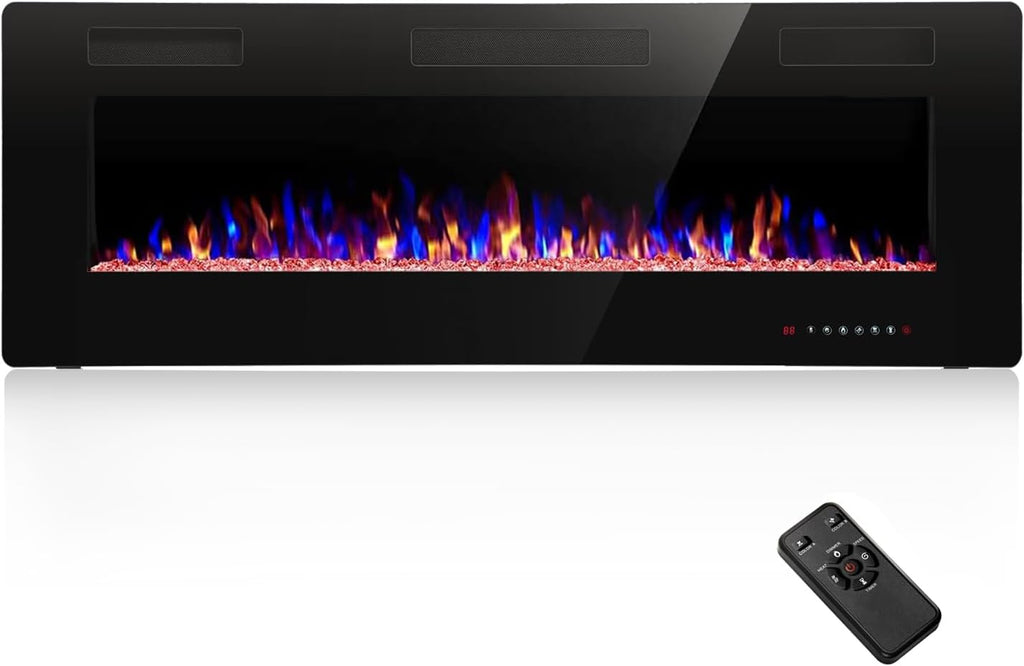 50" Electric Fireplace Recessed and Wall Mounted, 750/1500W Ultra-Thin Electric Fireplace Heater with Adjustable Flame Color and Brightness, Low Noise, Linear Fireplace for Living Room
