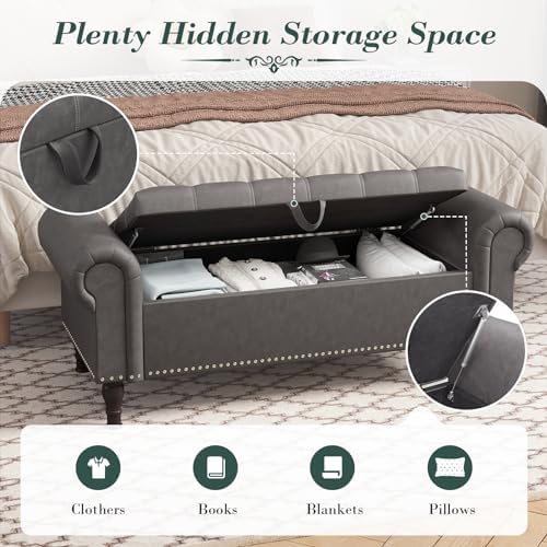 Apicizon Storage Bench for Bedroom, Upholstered End of Bed Bench, 51" Gray