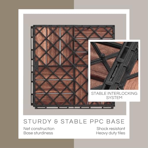 THYOI Acacia Wood Interlocking Deck Tiles (12" x 12"), Deck Flooring Outdoor Waterproof All Weather, Tiles for Patio, decking Tiles for Indoor and Outdoor use (Dark Brown 12S, 30 Pcs - 30 Square ft)