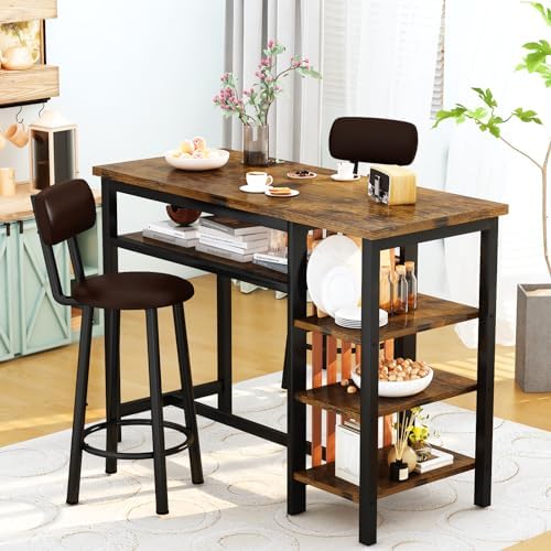 Bar Table and Chairs Set, 47'' Counter Height Dining Table Set with Storage