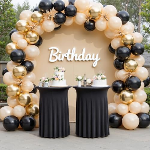2 pk Black Cocktail Table Cloth Round 32×43in-High Top Highboy Bar Cocktail Tablecloths-Wrinkle Free Stretchy Fitted Spandex Table Covers with Ruffle Desk Skirt for Wedding Banquet Party Tables