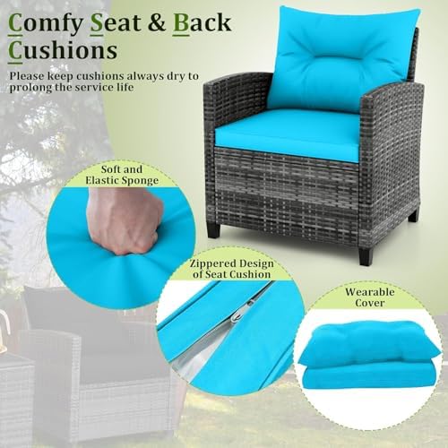 LDAILY Patio Furniture Set, 3 Pieces PE Rattan Wicker Patio Sofa Chairs with Washable Cushion & Glass Table, Outdoor Furniture Conversation Sets for Porch, Balcony, Garden, Poolside (Turquoise)
