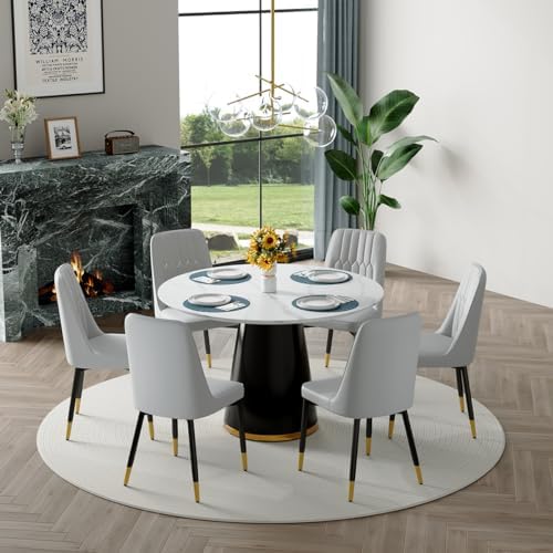Round Dining Table Set for 6, 45" Round Wooden Dining Set with Cushioned Chairs, White Round Table and Chair Set for Kitchen