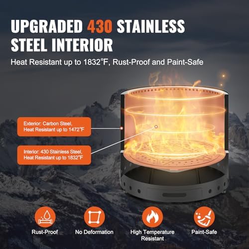 VEVOR Smokeless Fire Pit Stove Bonfire, H: 17 in x Dia: 28 in,Wood Burning Fireplaces with Removable Ash Pan, SUS430 Stainless Steel Inner Portable Outdoor Firepit,for Outdoor Patio Camping, Black