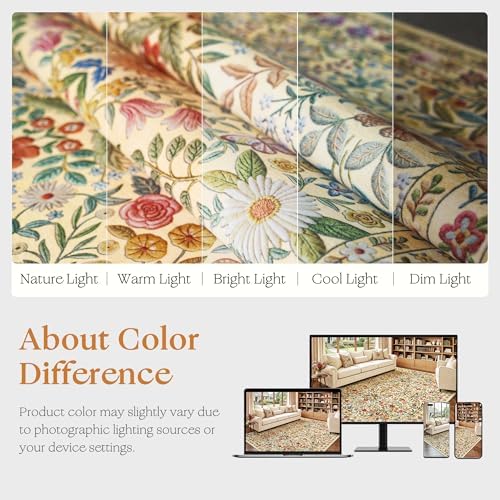 Beauoop 8x10 Floral Washable Beige Neutral Vintage Area Rug for Living Room