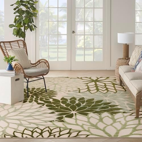 Nourison Home Aloha Indoor/Outdoor Ivory Green 7'10" x 10'6" Area Rug, Easy-Cleaning, Non Shedding, Bed Room, Living Room, Dining Room, Backyard, Patio, Deck (8x11)