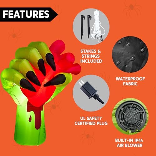 JOIEDOMI 5 Ft Halloween Inflatables Zombie Hand Outdoor Decorations, Blow Up Decors with Build-in LEDs and Pumping Heart, Halloween Inflatables Zombie Hand Party Decoration for Yard Garden Lawn