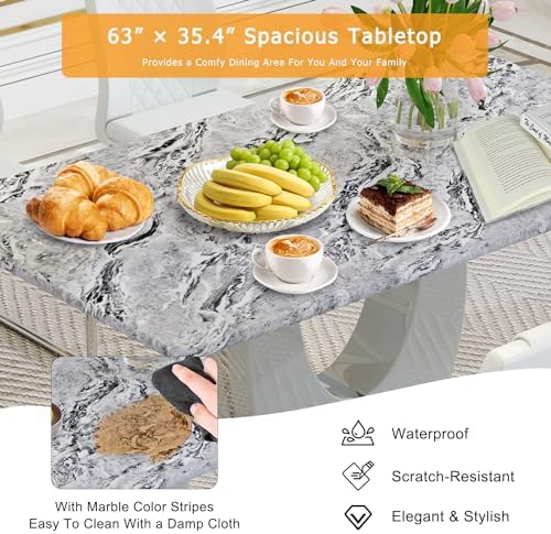 JUFU Dining Table Set for 4, 63" Faux Marble Dining Room Table Set with 4 Light Grey PU Leather Chairs, Modern Kitchen Table and Chairs Set, Rectangular Kitchen Table Set for Apartment, Dining Room (5-Piece)