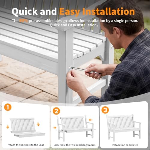 Psilvam 2-Person Outdoor Bench with 700 Lbs Weight Capacity, White